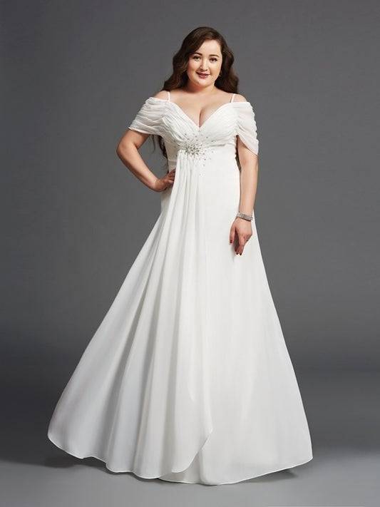 Long Ruched Short Sleeves A-Line/Princess Chiffon Off-the-Shoulder Plus Size Dresses