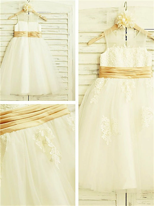 A-line/Princess Scoop Tulle Sleeveless Tea-Length Lace Flower Girl Dresses