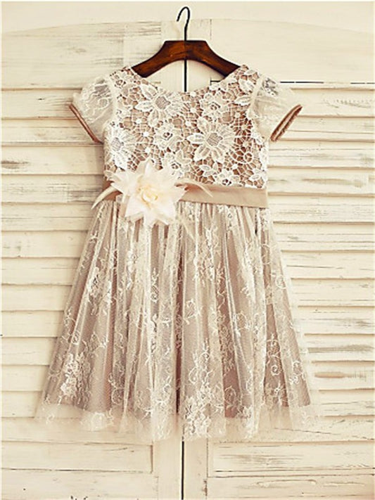 Lace A-line/Princess Hand-made Flower Short Tea-Length Sleeves Scoop Flower Girl Dresses