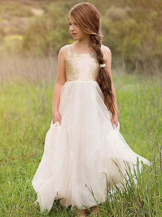 Tulle Floor-Length Sleeveless Scoop A-Line/Princess Sequin Flower Girl Dresses