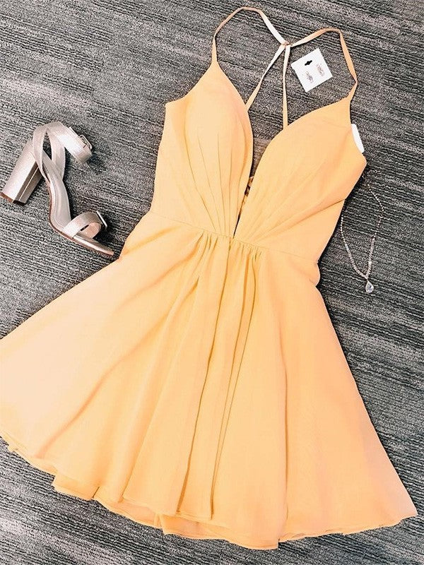 Ruffles V-neck Chiffon A-Line/Princess Sleeveless Short/Mini Homecoming Dresses