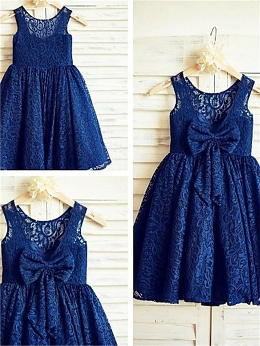 Lace Tea-Length Sleeveless Bowknot Scoop A-line/Princess Flower Girl Dresses