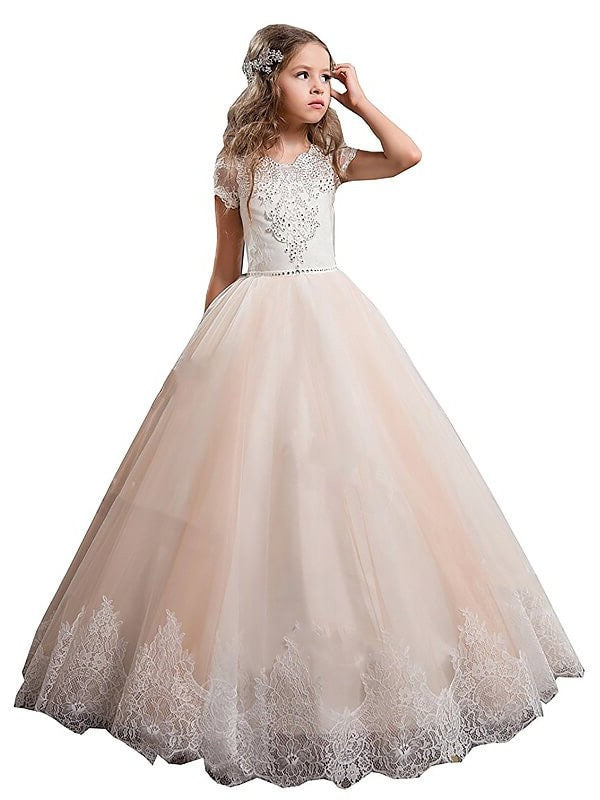 V-neck Gown Short Lace Tulle Ball Sleeves Floor-Length Flower Girl Dresses