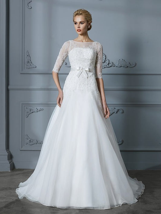 Scoop Court Train 1/2 Sleeves Lace A-Line/Princess Tulle Wedding Dresses