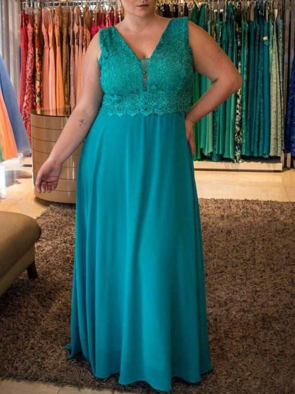 Chiffon Sleeveless V-neck A-Line/Princess Applique Floor-Length Plus Size Dresses