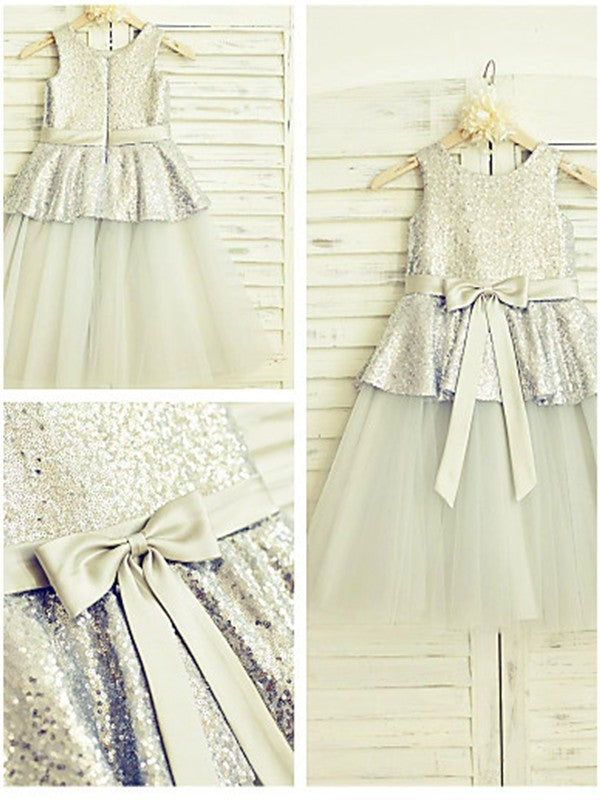 Tea-Length Scoop A-line/Princess Sequin Sleeveless Tulle Flower Girl Dresses