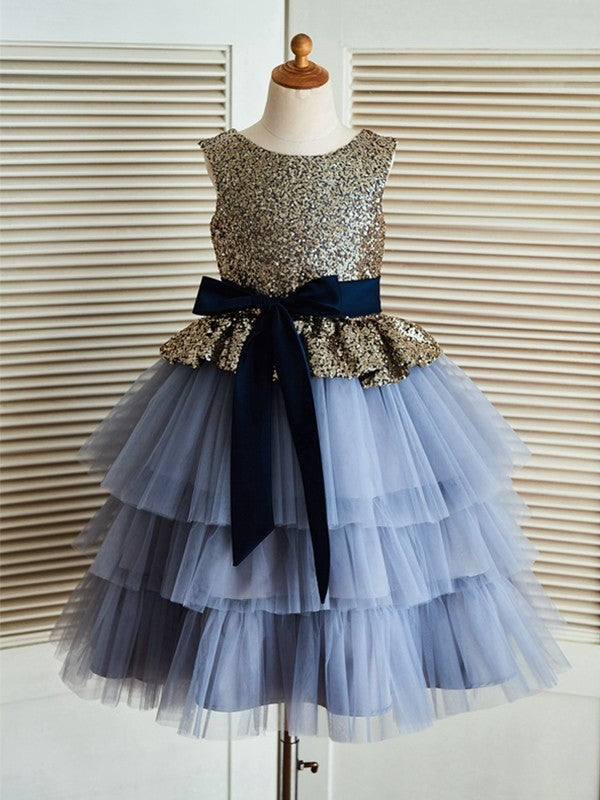 Tea-Length Tulle A-Line/Princess Scoop Sequin Sleeveless Flower Girl Dresses