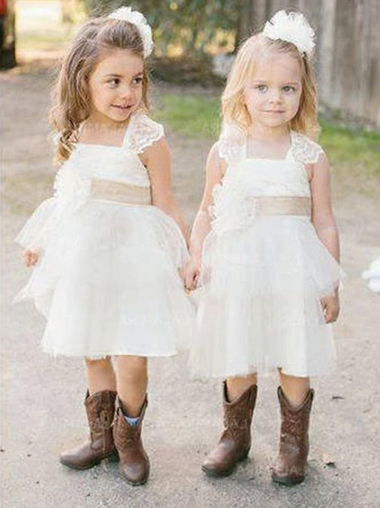 Sleeveless Sash/Ribbon/Belt Tulle Knee-Length Square A-Line/Princess Flower Girl Dresses