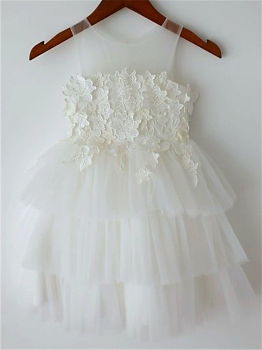 Sleeveless Straps Tea-Length A-line/Princess Lace Tulle Flower Girl Dresses