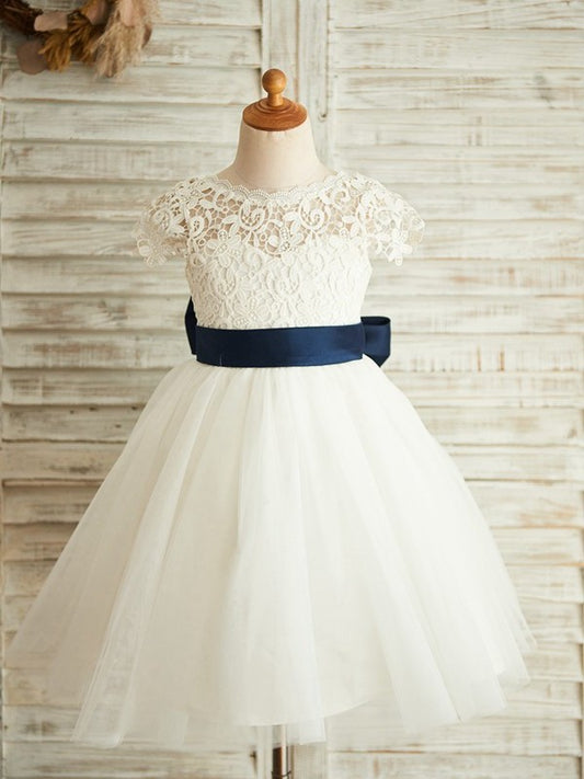 Tulle Knee-Length A-Line/Princess Sleeveless Scoop Lace Flower Girl Dresses