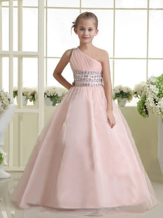 Beading One-shoulder Organza A-line/Princess Sleeveless Long Flower Girl Dresses