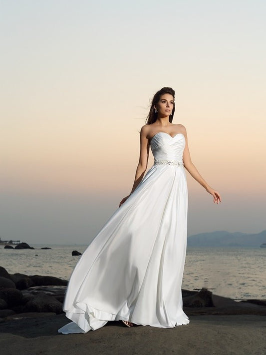 Taffeta A-Line/Princess Sweetheart Long Sleeveless Beading Beach Wedding Dresses