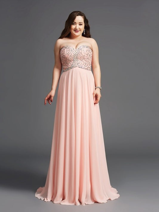 Sleeveless Chiffon Sweetheart A-Line/Princess Long Beading Plus Size Dresses