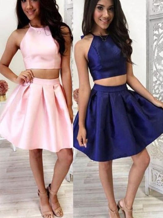 Short/Mini Satin A-Line/Princess Two Sleeveless Halter Ruffles Piece Homecoming Dress