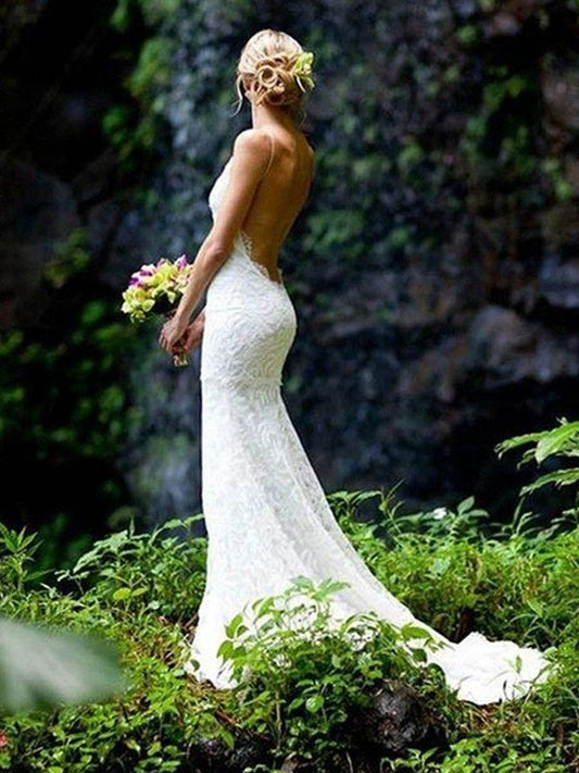 V-neck Straps Court Train Sleeveless Sheath/Column Spaghetti Lace Wedding Dresses