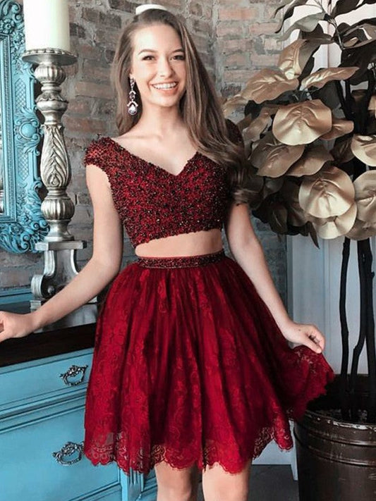 A-Line/Princess V-neck Sleeveless Homecoming Dresses Beading Mariyah Short/Mini Lace Two Piece Dresses