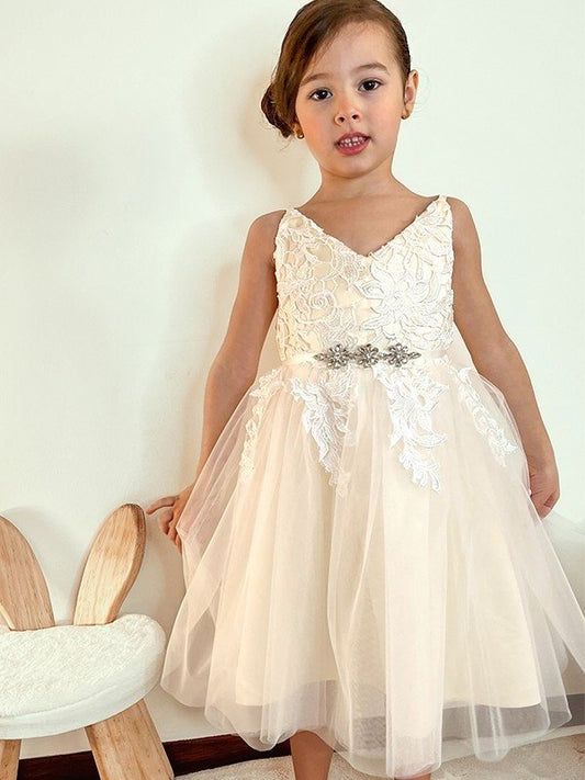 Tulle V-neck Knee-Length A-Line/Princess Lace Sleeveless Flower Girl Dresses