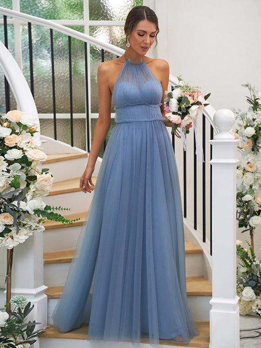 Halter Ruched Tulle Sleeveless A-Line/Princess Floor-Length Bridesmaid Dresses