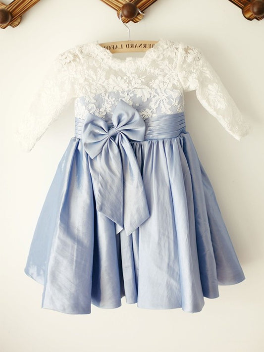 3/4 A-Line/Princess Scoop Knee-Length Lace Sleeves Taffeta Flower Girl Dresses