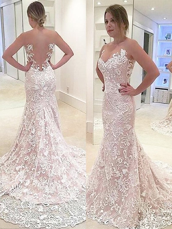 Sweep/Brush Sweetheart Trumpet/Mermaid Lace Sleeveless Train Wedding Dresses