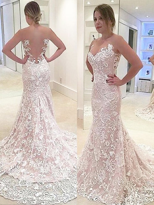 Sweep/Brush Sweetheart Trumpet/Mermaid Lace Sleeveless Train Wedding Dresses