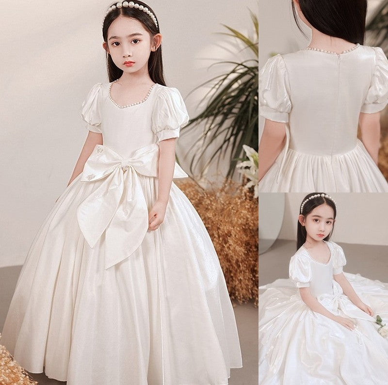 Short Bowknot Sleeves A-Line/Princess Satin Sweetheart Floor-Length Flower Girl Dresses