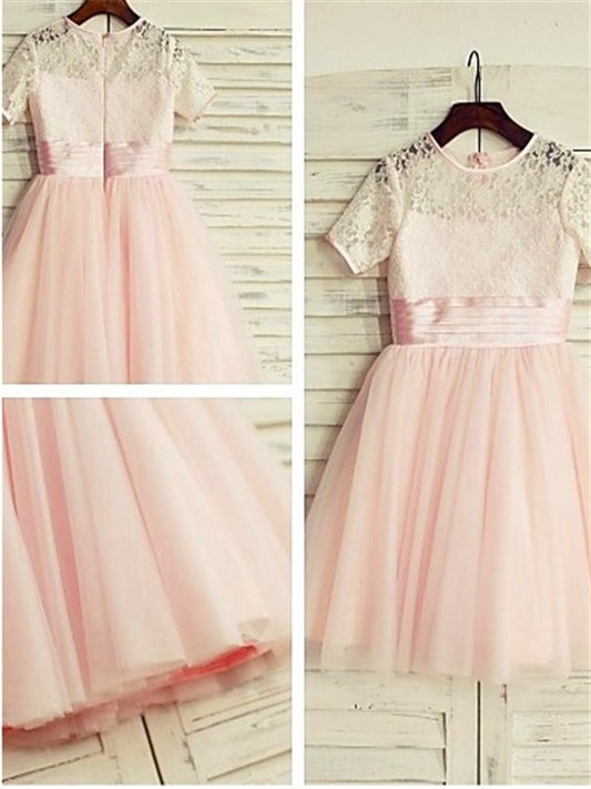 Jewel Lace A-line/Princess Sleeves Tulle Short Tea-Length Flower Girl Dresses