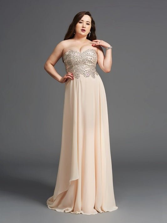 Rhinestone Sweetheart Long Chiffon A-Line/Princess Sleeveless Plus Size Dresses