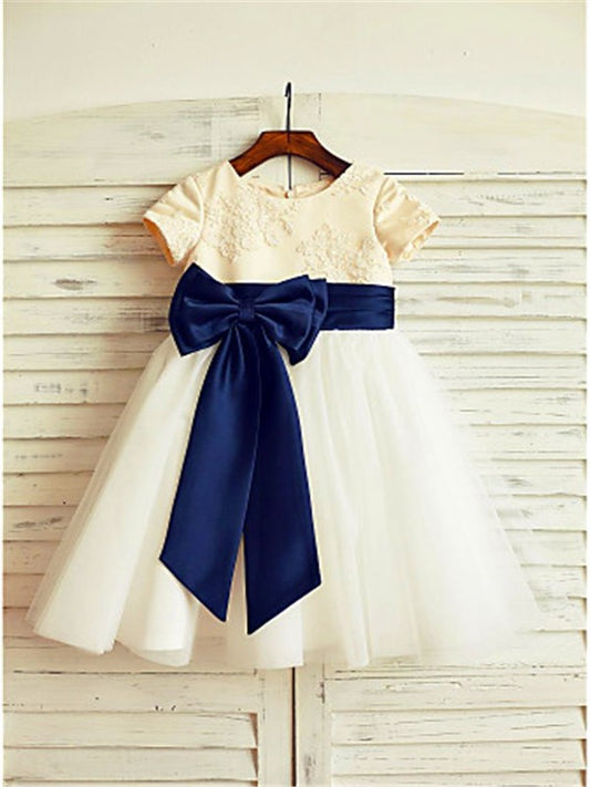 Bowknot Sleeves Tulle Tea-Length Short Scoop A-line/Princess Flower Girl Dresses