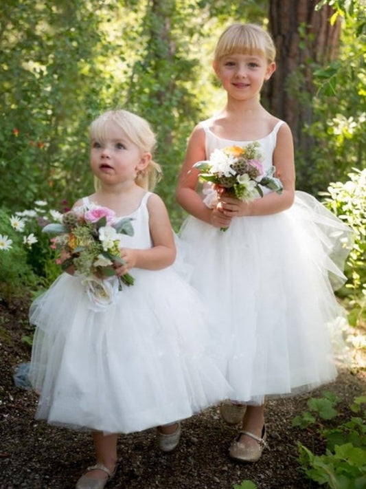 Ruffles Bateau Tulle A-Line/Princess Sleeveless Tea-Length Flower Girl Dresses