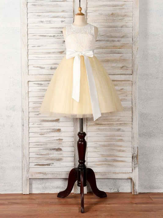 Tea-Length Tulle Sleeveless Sash/Ribbon/Belt Scoop A-Line/Princess Flower Girl Dresses