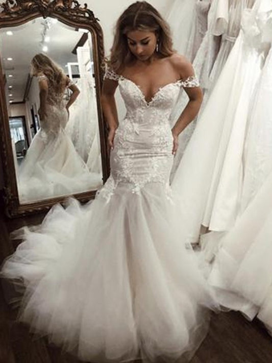 Trumpet/Mermaid Sweep/Brush Off-the-Shoulder Applique Sleeveless Tulle Train Wedding Dresses