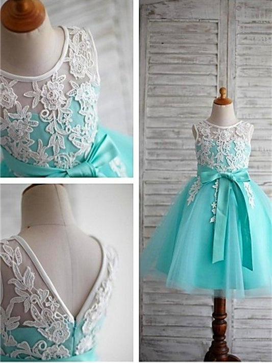 Gown Knee-Length Scoop Bowknot Sleeveless Ball Tulle Flower Girl Dresses