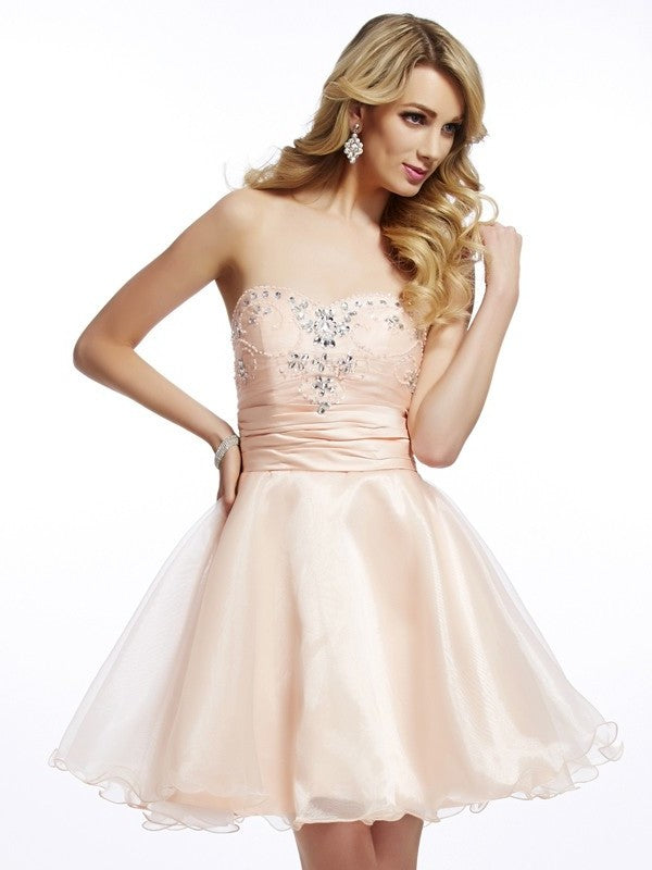 Short Beading Sleeveless A-Line/Princess Sweetheart Tulle Homecoming Dresses