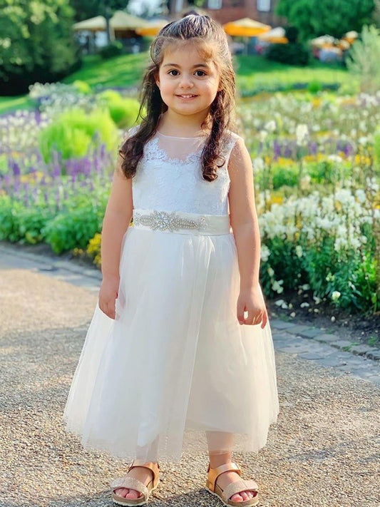 A-Line/Princess Tulle Scoop Lace Sleeveless Tea-Length Flower Girl Dresses