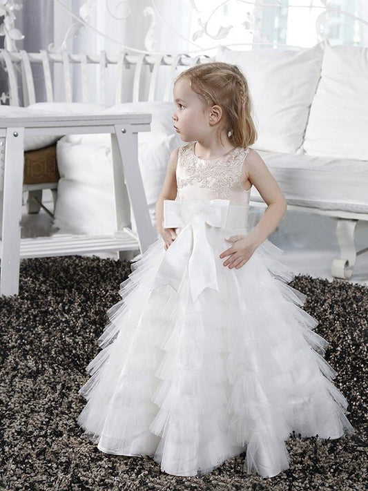 Scoop A-line/Princess Sleeveless Long Tulle Bowknot Flower Girl Dresses