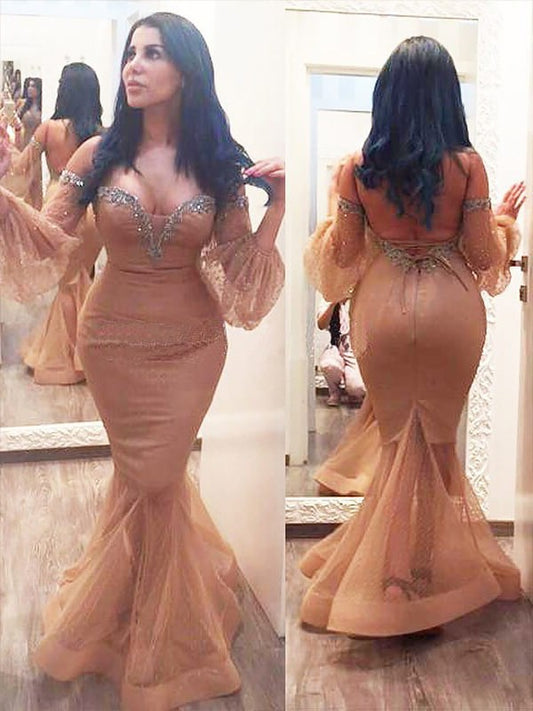 Sleeves Floor-Length Trumpet/Mermaid Beading 3/4 like Satin Off-the-shoulder Silk Plus Size Dresses