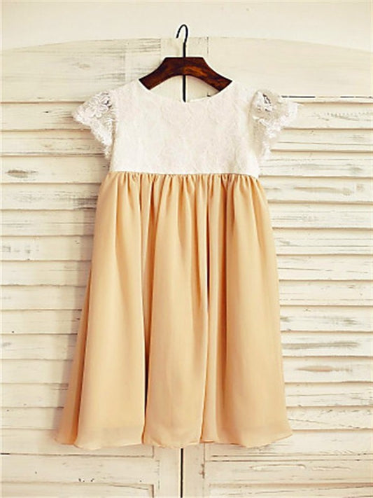 Tea-Length Chiffon Short Scoop A-line/Princess Sleeves Flower Girl Dresses