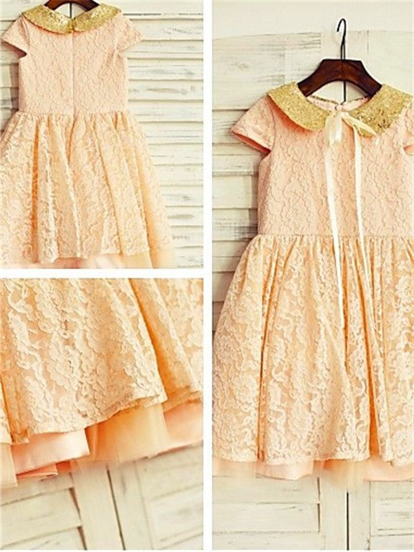 Tea-Length Scoop A-line/Princess Sequin Lace Short Sleeves Flower Girl Dresses