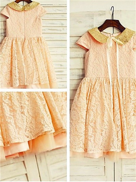 Tea-Length Scoop A-line/Princess Sequin Lace Short Sleeves Flower Girl Dresses