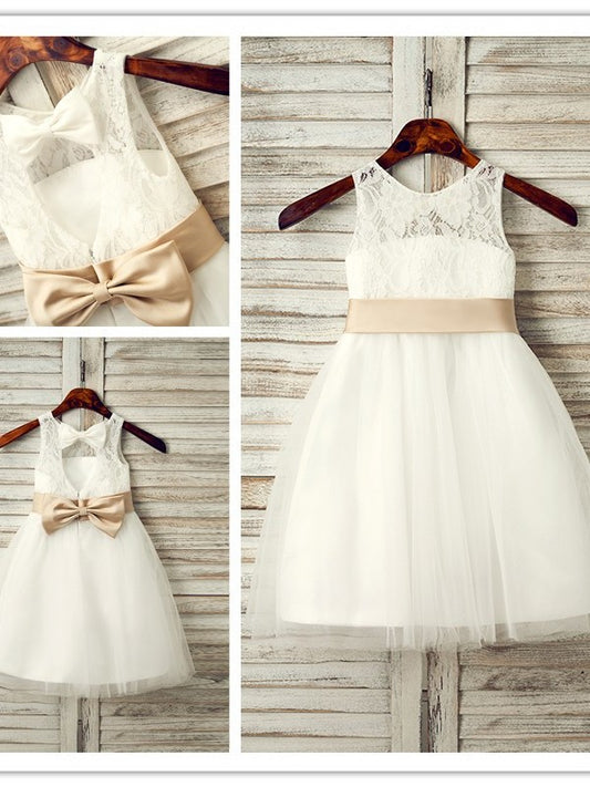 Scoop A-Line/Princess Tulle Sleeveless Tea-Length Bowknot Flower Girl Dresses