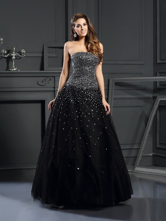 Strapless Sleeveless Beading Gown Long Ball Satin Quinceanera Dresses