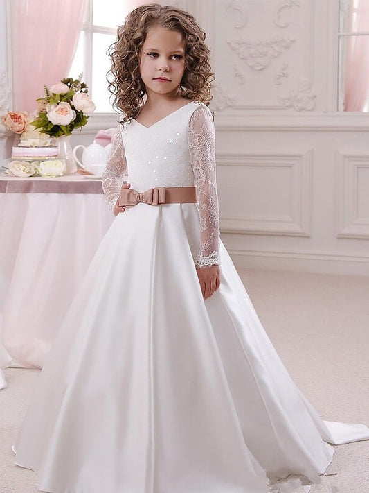 Floor-Length Long V-neck Ball Lace Sleeves Gown Satin Flower Girl Dresses