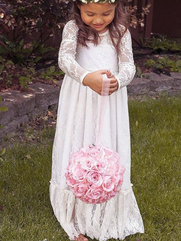 Floor-Length A-Line/Princess Lace Long Jewel Sleeves Bowknot Flower Girl Dresses