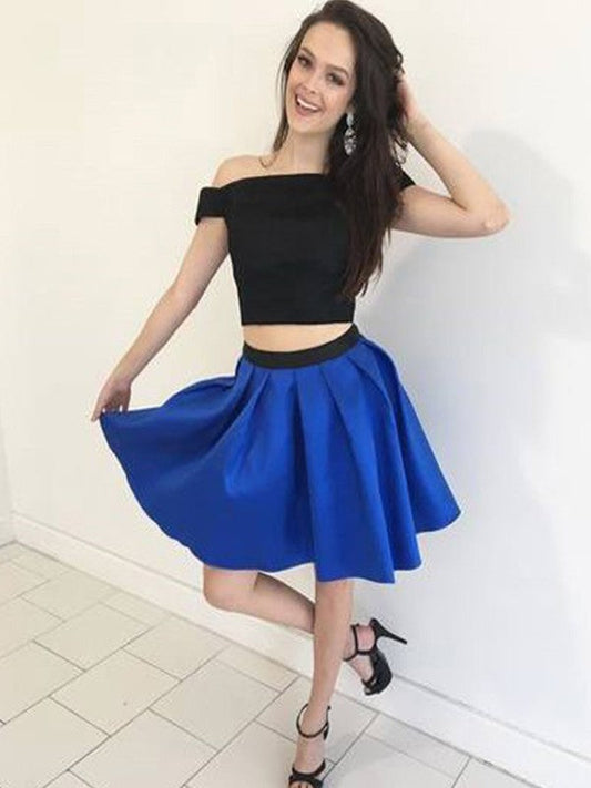 A-Line/Princess Sleeveless Off-the-Shoulder Satin Homecoming Dresses Ruffles Two Piece Short/Mini Isabelle Dresses