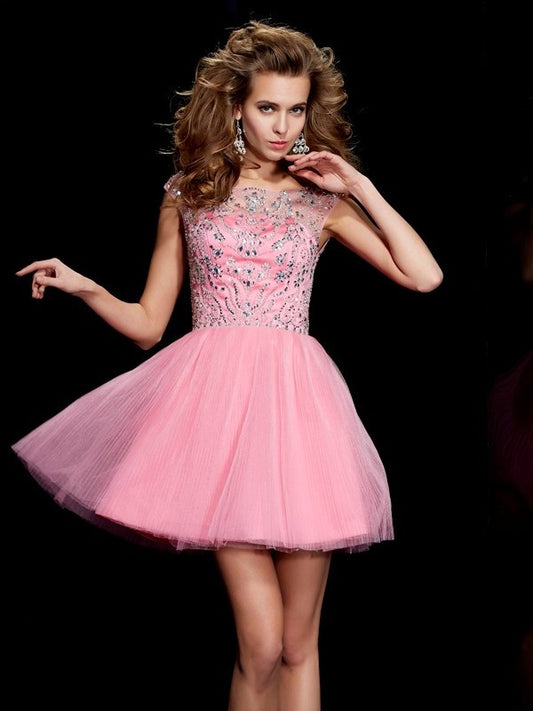 Sleeveless A-Line/Princess Short Beading Bateau Satin Homecoming Dresses