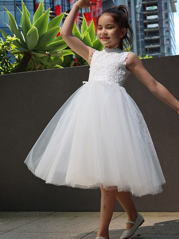 Neck Tulle Sleeveless Knee-Length Lace A-Line/Princess High Flower Girl Dresses