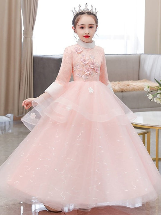 Tulle Flower 3/4 Sleeves Neck Hand-Made High Floor-Length A-Line/Princess Flower Girl Dresses