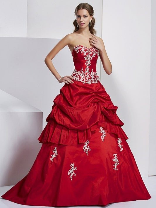 Beading Sweetheart Applique Sleeveless Ball Gown Long Taffeta Quinceanera Dresses