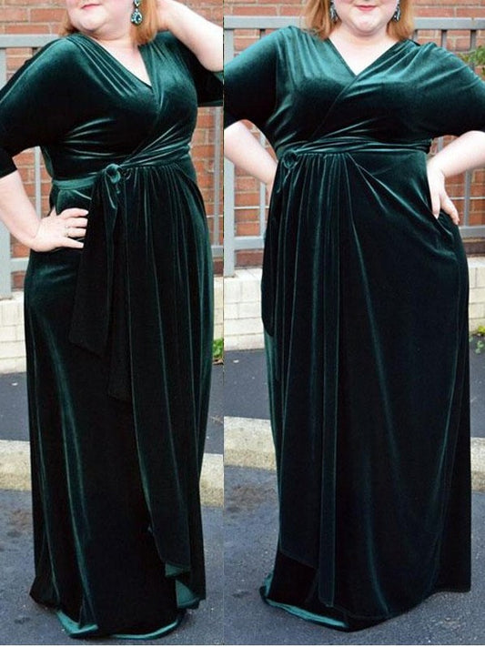 Velvet Floor-Length V-neck 1/2 Ruched Sheath/Column Sleeves Plus Size Dresses